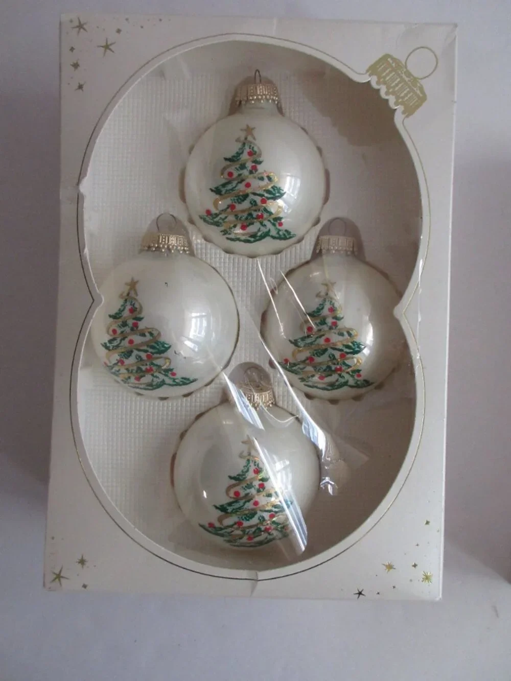 Krebs Christmas Ornament 2 Boxes of 4 Glass Balls White w/ Christmas Tree Vtg